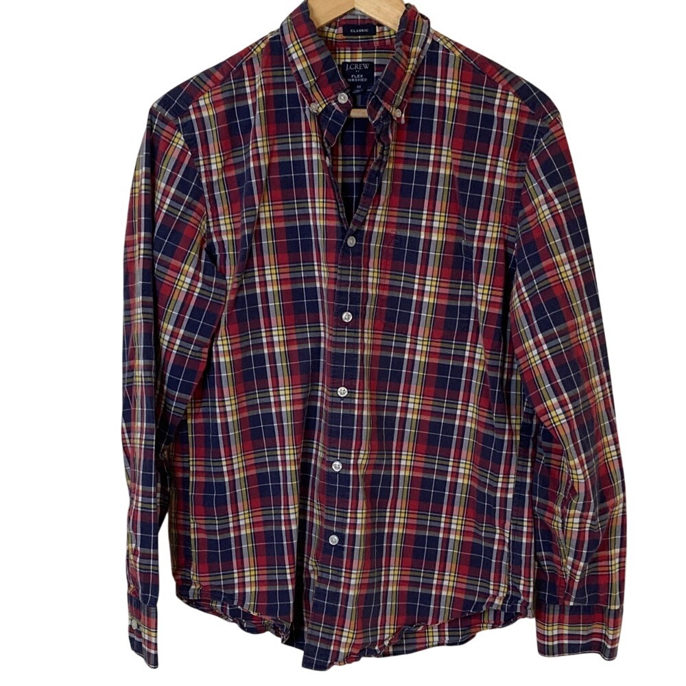 J Crew Factory Mens Classic‎ Flex Washed Button Down Shirt Size M Red Blue Plaid